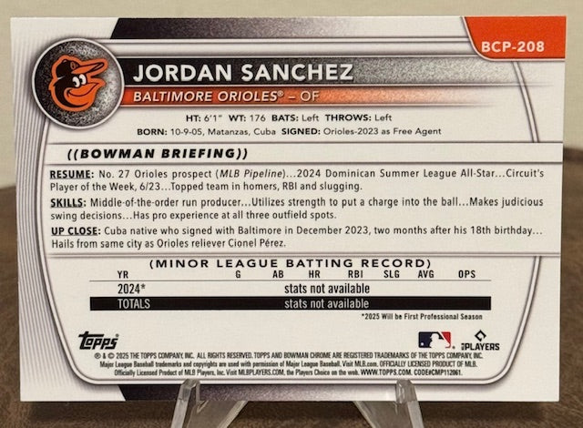 2025 Bowman Chrome Baseball JORDAN SANCHEZ 1st Prospect Purple Wave Refractor #BCP-208