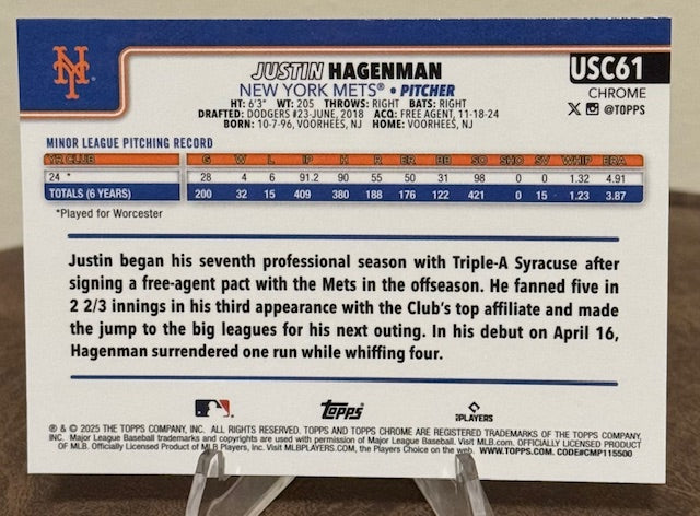 2025 Topps Chrome Update Baseball JUSTIN HAGENMAN RC RayWave Refractor #USC61