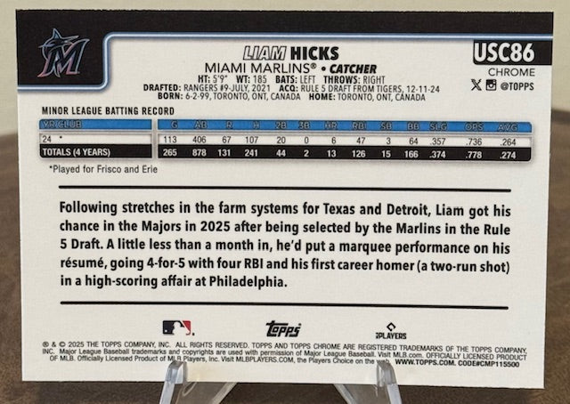 2025 Topps Chrome Update Baseball LIAM HICKS RC X-Fractor #USC86