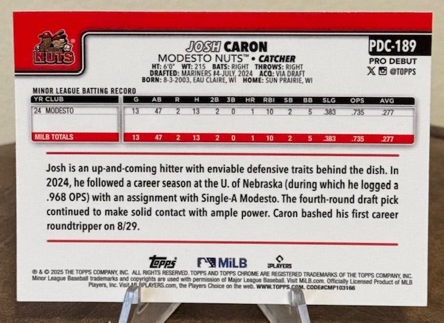 2025 Topps Pro Debut Baseball JOSH CARON Chrome #PDC-189