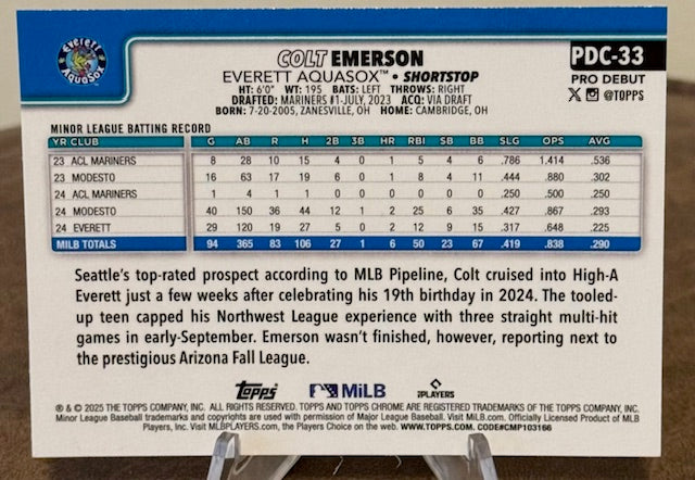 2025 Topps Pro Debut Baseball COLT EMERSON Chrome #PDC-33