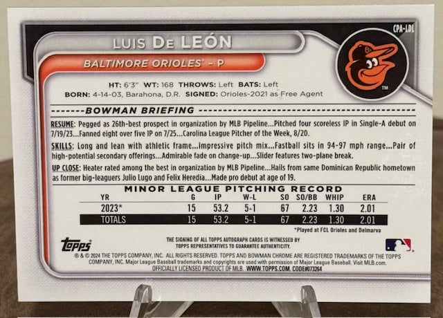 2024 Bowman Chrome Baseball LUIS DE LEON 1st Prospect Autograph #CPA-LDL