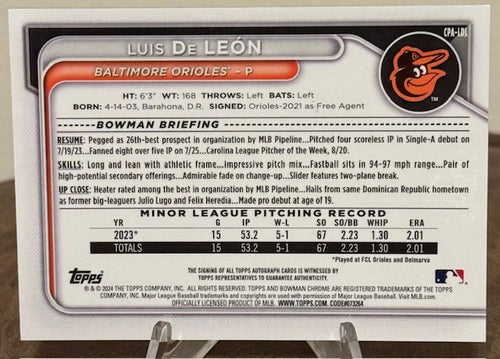 2024 Bowman Chrome Baseball LUIS DE LEON 1st Prospect Autograph #CPA-LDL