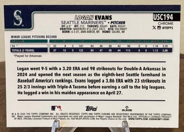 2025 Topps Chrome Update Baseball LOGAN EVANS RC #USC194
