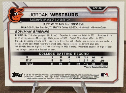 2021 Bowman Baseball JORDAN WESTBURG Mega Box Chrome Prospect #BCP-98