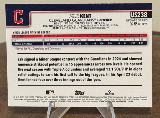 2025 Topps Update Baseball ZAK KENT RC Rainbow Foil #US238