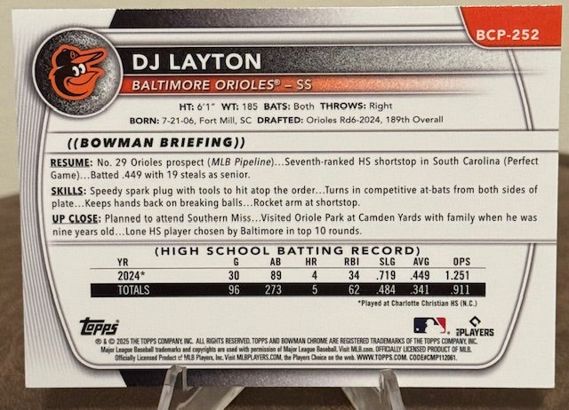 2025 Bowman Chrome Baseball DJ LAYTON 1st Prospect Purple Refractor #BCP-252