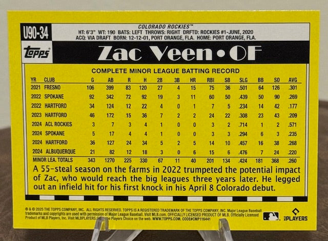 2025 Topps Update Baseball ZAC VEEN RC 1990 35th Anniversary U90-34