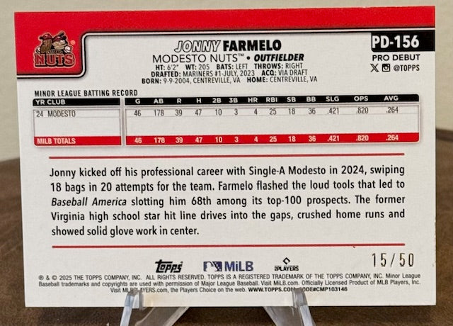 2025 Topps Pro Debut Baseball JONNY FARMELO Gold Foil #PD-156