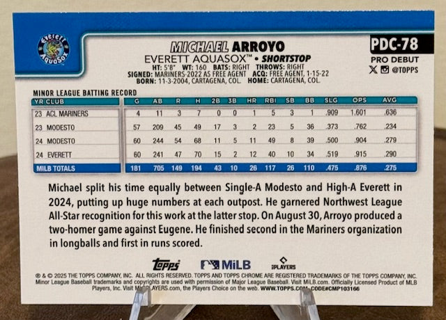 2025 Topps Pro Debut Baseball MICHAEL ARROYO Chrome #PDC-78
