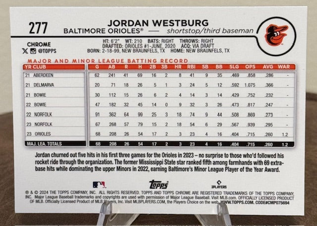 2024 Topps Chrome Baseball JORDAN WESTBURG RC #277