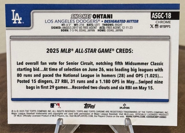 2025 Topps Chrome Update Baseball SHOHEI OHTANI All-Star Game #ASGC-18