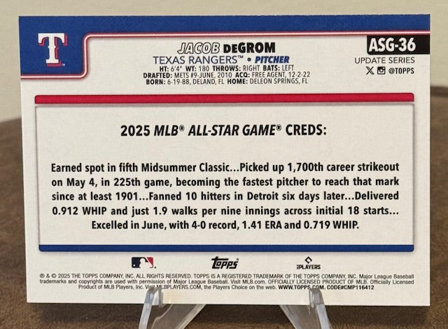 2025 Topps Update Baseball JACOB DEGROM All-Star Game #ASG-36