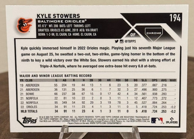 2023 Topps Chrome Baseball KYLE STOWERS RC Sepia Refractor #194
