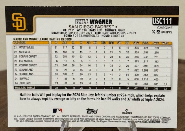 2025 Topps Chrome Update Baseball WILL WAGNER RC RayWave Refractor #USC111
