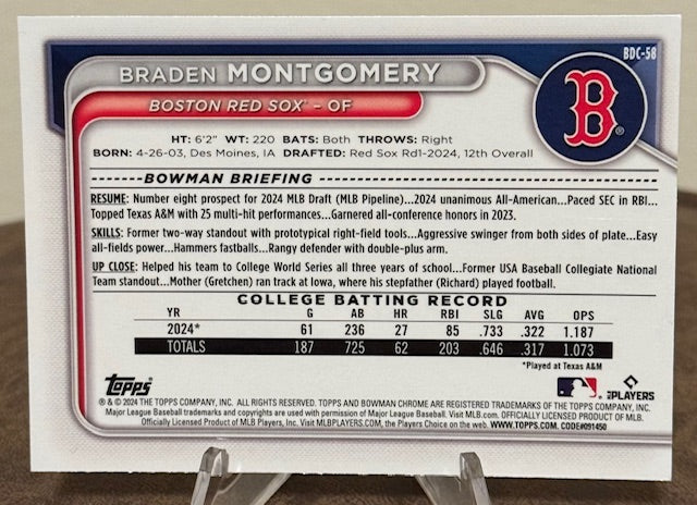 2024 Bowman Draft Baseball BRADEN MONTGOMERY 1st Chrome Prospect #BDC-58