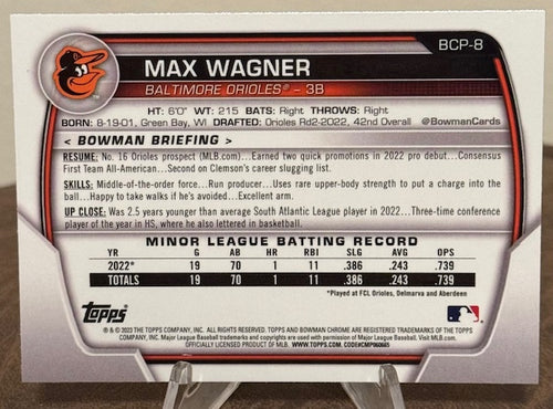 2023 Bowman Baseball MAX WAGNER 1st Chrome Prospect #BCP-8