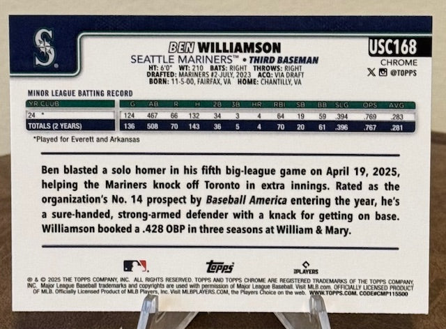 2025 Topps Chrome Update Baseball BEN WILLIAMSON RC #USC-168