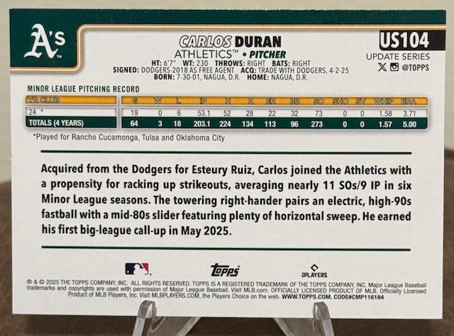 2025 Topps Update Series Baseball CARLOS DURAN RC Rainbow Foil #US104