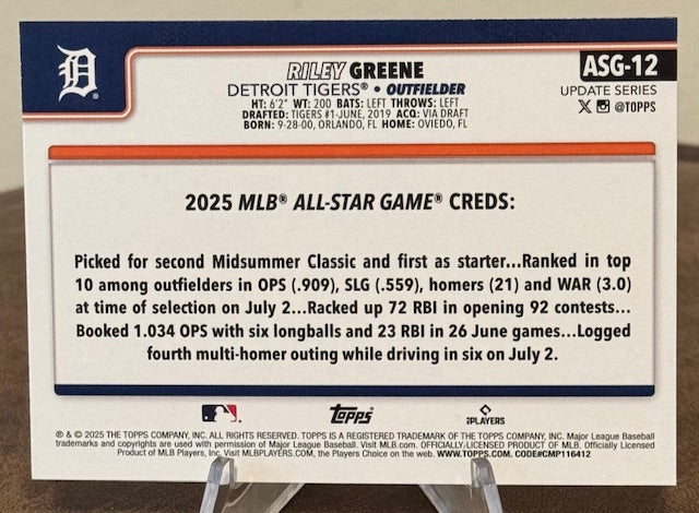 2025 Topps Update Series Baseball RILEY GREENE All-Star Game #ASG-6