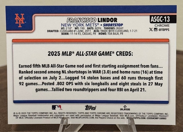 2025 Topps Chrome Update Baseball FRANCISCO LINDOR All-Star Game Green Refractor #ASGC-13