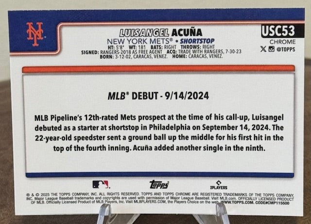 2025 Topps Chrome Update Baseball LUISANGEL ACUNA RC Rookie Debut X-Fractor #USC53