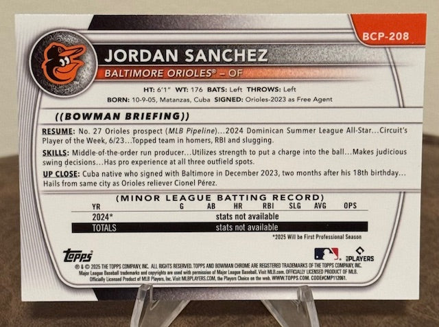 2025 Bowman Chrome Baseball JORDAN SANCHEZ 1st Prospect Purple Wave Refractor #BCP-208