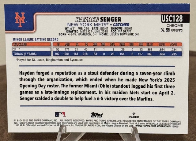 2025 Topps Chrome Update Baseball HAYDEN SENGER RC Sepia Refractor #USC128