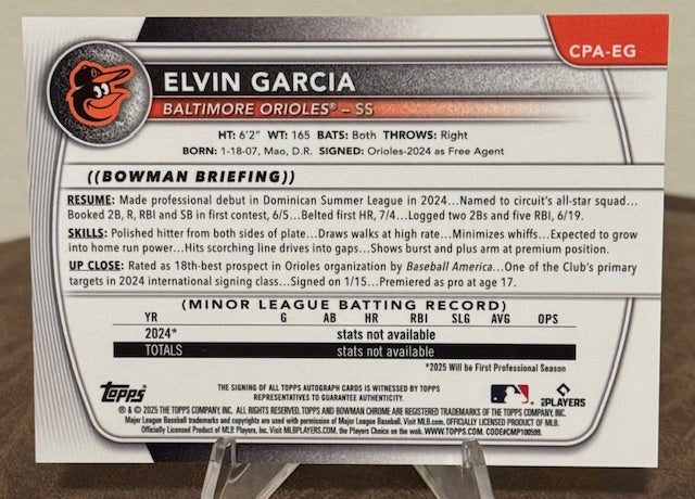 2025 Bowman Chrome Baseball ELVIN GARCIA 1st Prospect Autograph #CPA-EG