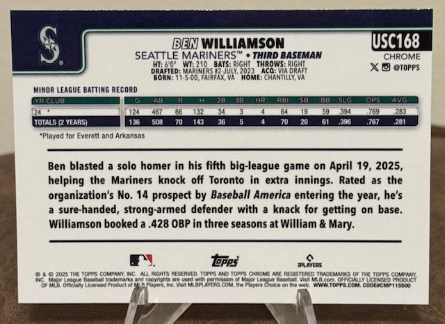 2025 Topps Chrome Update Baseball BEN WILLIAMSON RC Sepia Refractor #USC168