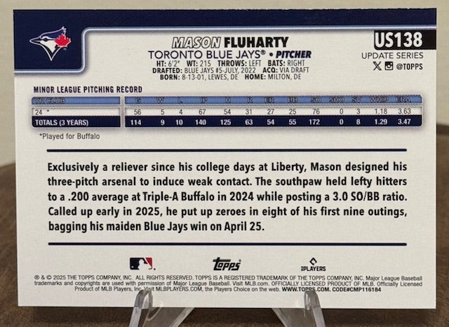 2025 Topps Update Series Baseball MASON FLUHARTY RC Rainbow Foil #US138