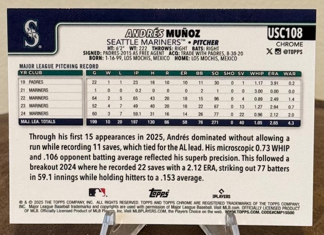 2025 Topps Chrome Update Baseball ANDRES MUNOZ #USC-108