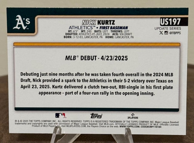2025 Topps Update Series Baseball NICK KURTZ RC Rookie Debut #US197
