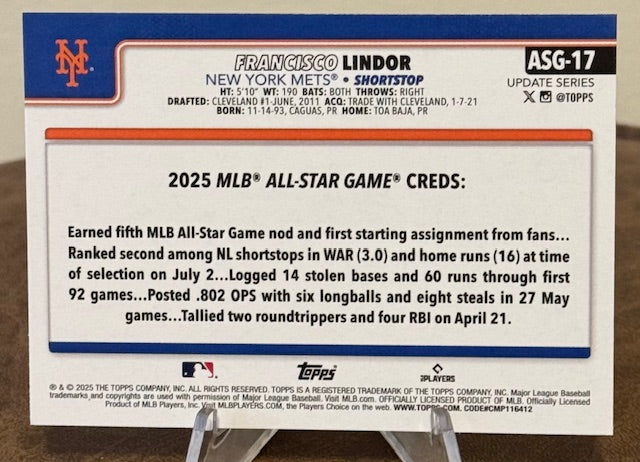 2025 Topps Update Series Baseball FRANCISCO LINDOR All-Star Game #ASG-17