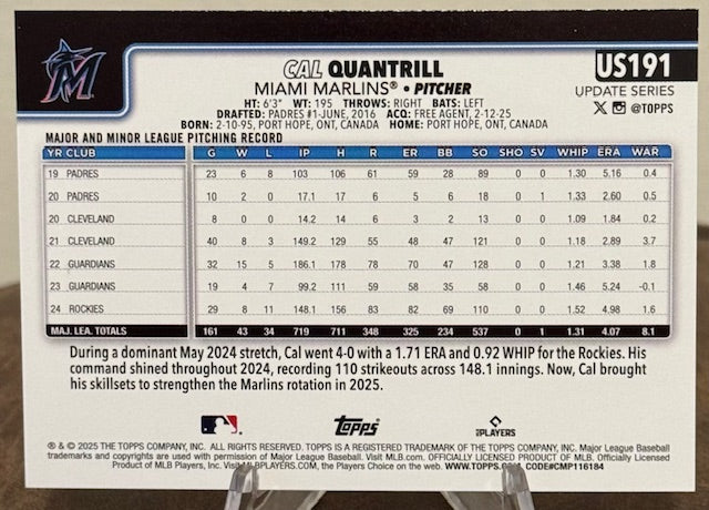 2025 Topps Update Series Baseball CAL QUANTRILL Rainbow Foil #US191