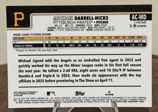 2025 Topps Chrome Update Baseball MICHAEL DARRELL-HICKS RC Autograph #AC-MD