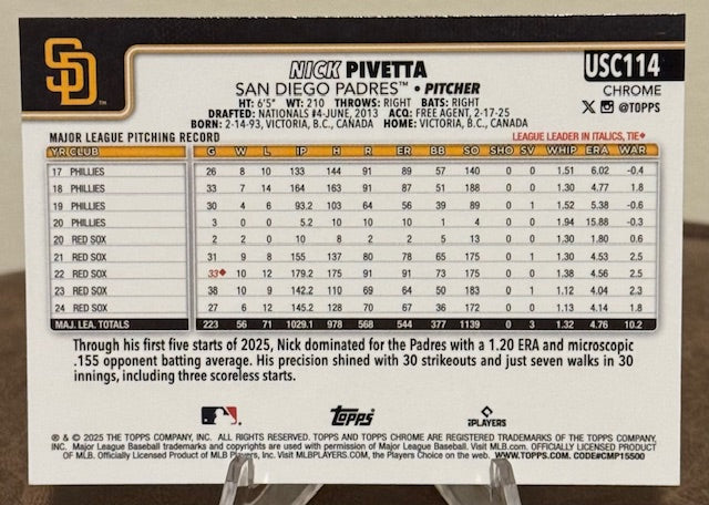 2025 Topps Chrome Update Baseball NICK PIVETTA Sepia Refractor #USC114