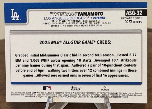 2025 Topps Update Series Baseball YOSHINOBU YAMAMOTO All-Star Game #ASG-32