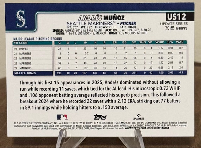 2025 Topps Update Series Baseball ANDRES MUNOZ Rainbow Foil #US12