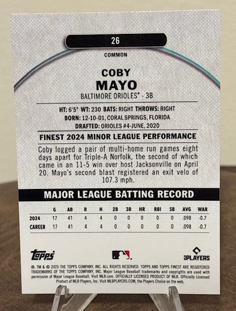 2025 Topps Finest Baseball COBY MAYO RC #26