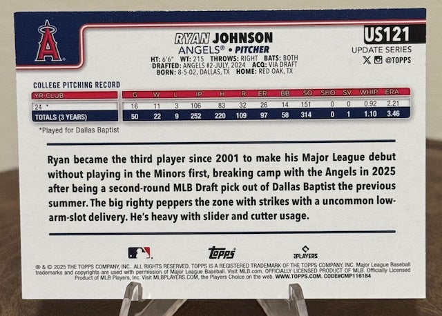 2025 Topps Update Series Baseball RYAN JOHNSON RC Holiday Foil #US121