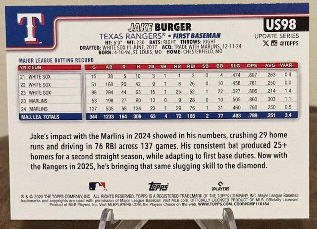 2025 Topps Update Series Baseball JAKE BURGER Diamante Foil #US98