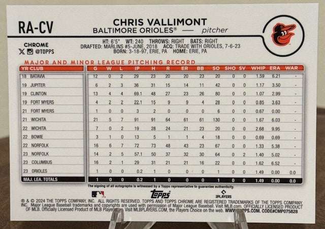 2024 Topps Chrome Baseball CHRIS VALLIMONT RC Autograph #RA-CV