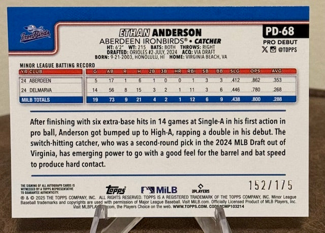 2025 Topps Pro Debut Baseball ETHAN ANDERSON Sparkle Foil Autograph #PD-68