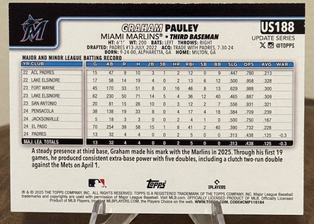 2025 Topps Update Series Baseball GRAHAM PAULEY Diamante Foil #US188