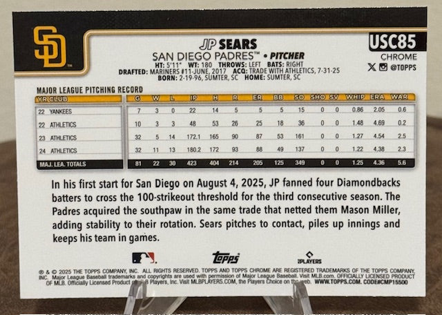 2025 Topps Chrome Update Baseball JP SEARS X-Fractor #USC85