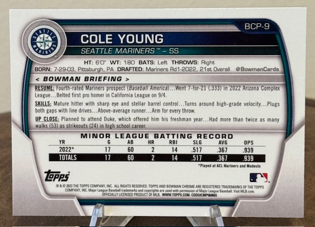 2023 Bowman Baseball COLE YOUNG Chrome Prospect #BCP-9