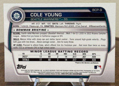 2023 Bowman Baseball COLE YOUNG Chrome Prospect #BCP-9