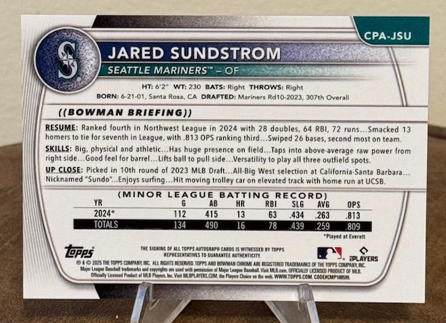 2025 Bowman Baseball JARED SUNDSTROM Chrome Prospect Autograph HTA Choice Refractor #CPA-JSU