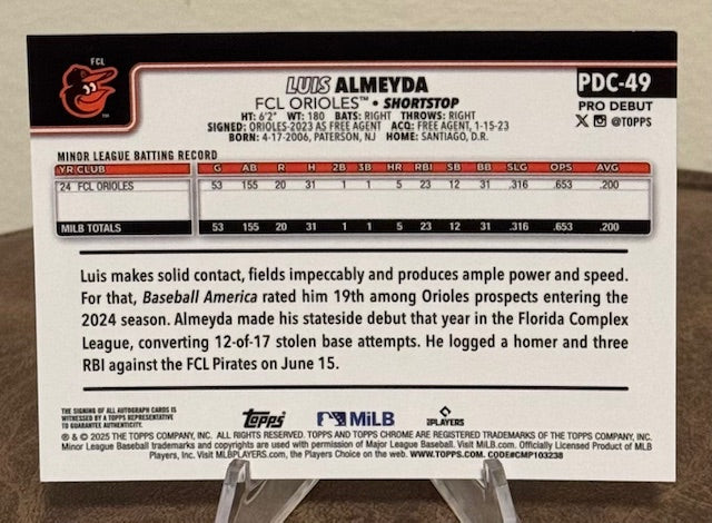 2025 Topps Pro Debut Baseball LUIS ALMEYDA Chrome Autograph Refractor #PDC-49
